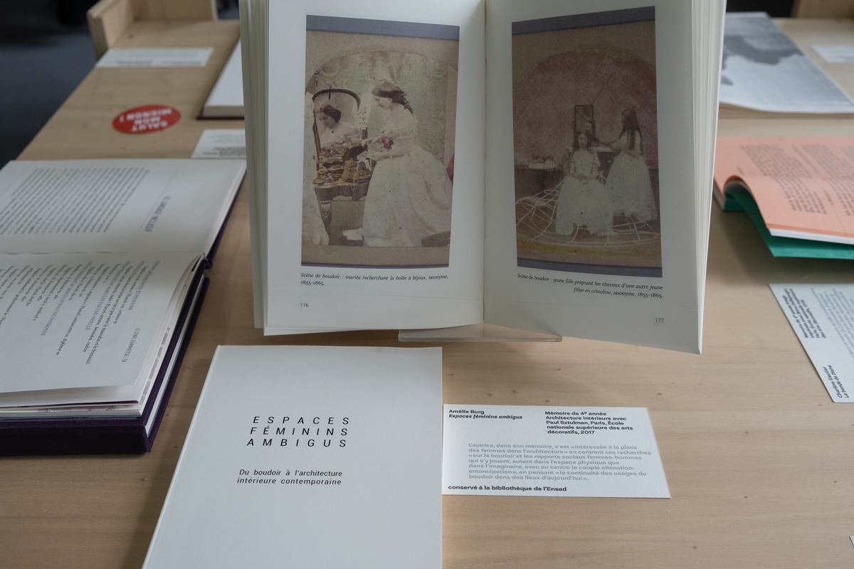 Espaces féminins ambigus, mémoire de Amélie Burg suivi par Paul Sztulman (2015, conservé à la bibliothèque de l’Ensad).